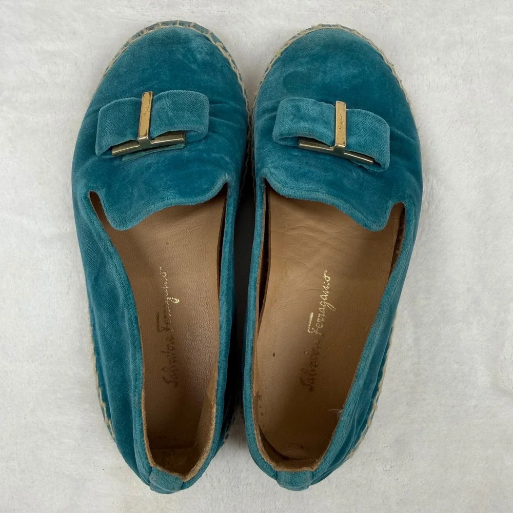 Salvatore Ferragamo‎ Teal Velvet Espadrille Loafers Gold Buckle Italy EU 28 0W